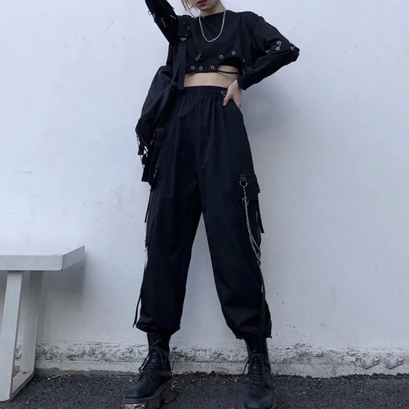 Women Cargo Pants  Harem Pants Fashion Punk Pockets Jogger Trousers With Chain Harajuku Elastics High Waist Streetwear