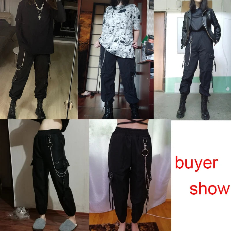 Women Cargo Pants  Harem Pants Fashion Punk Pockets Jogger Trousers With Chain Harajuku Elastics High Waist Streetwear