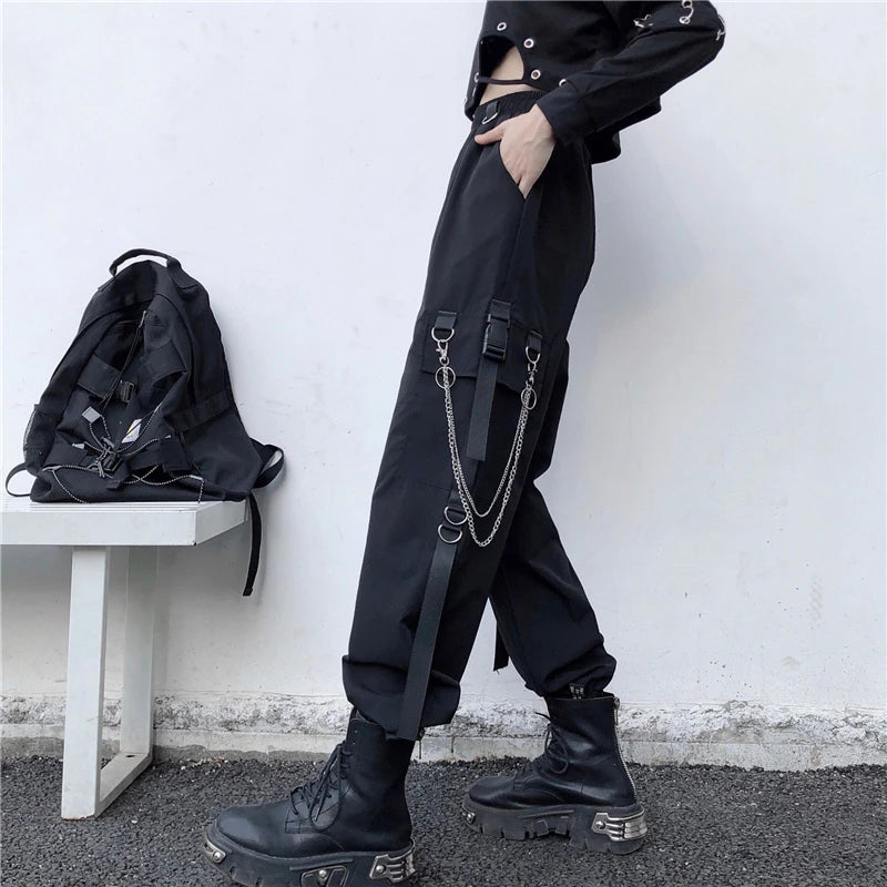 Women Cargo Pants  Harem Pants Fashion Punk Pockets Jogger Trousers With Chain Harajuku Elastics High Waist Streetwear