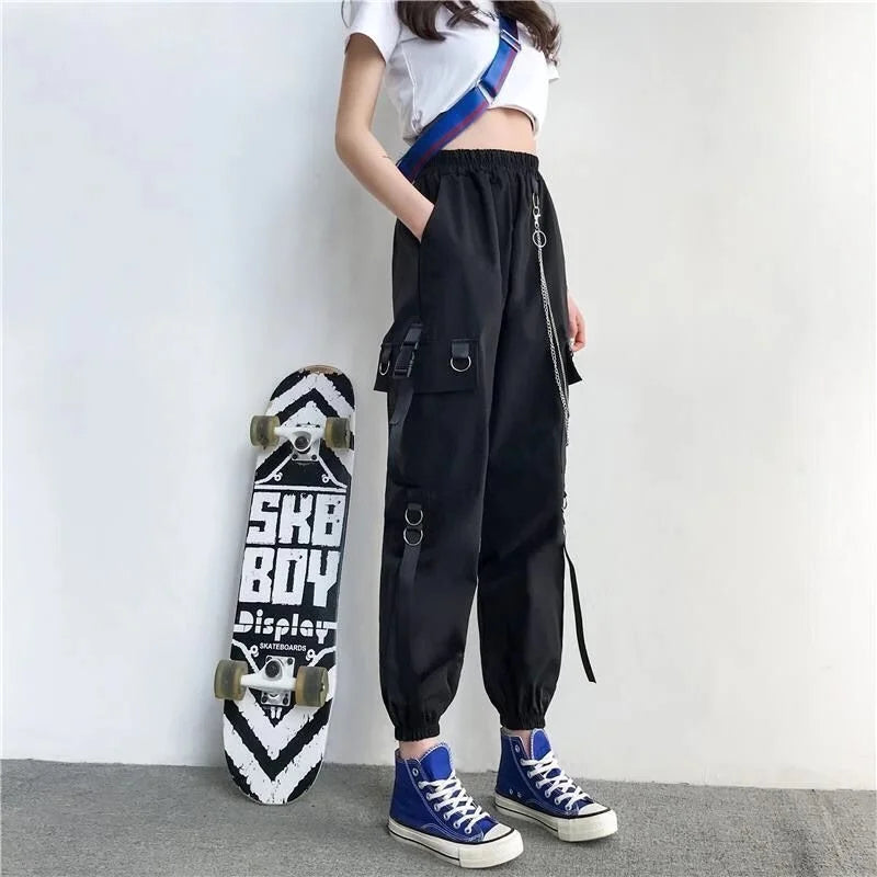 Women Cargo Pants  Harem Pants Fashion Punk Pockets Jogger Trousers With Chain Harajuku Elastics High Waist Streetwear
