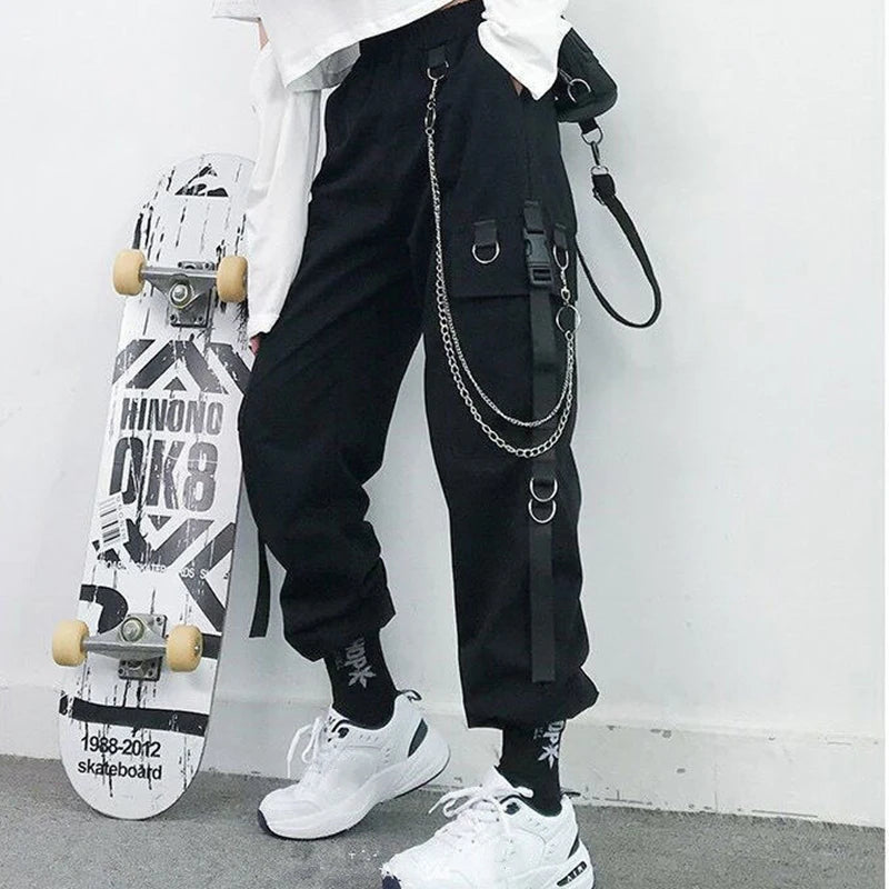 Women Cargo Pants  Harem Pants Fashion Punk Pockets Jogger Trousers With Chain Harajuku Elastics High Waist Streetwear