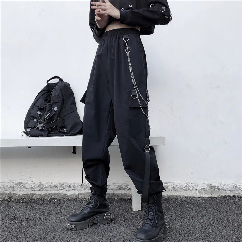 Women Cargo Pants  Harem Pants Fashion Punk Pockets Jogger Trousers With Chain Harajuku Elastics High Waist Streetwear