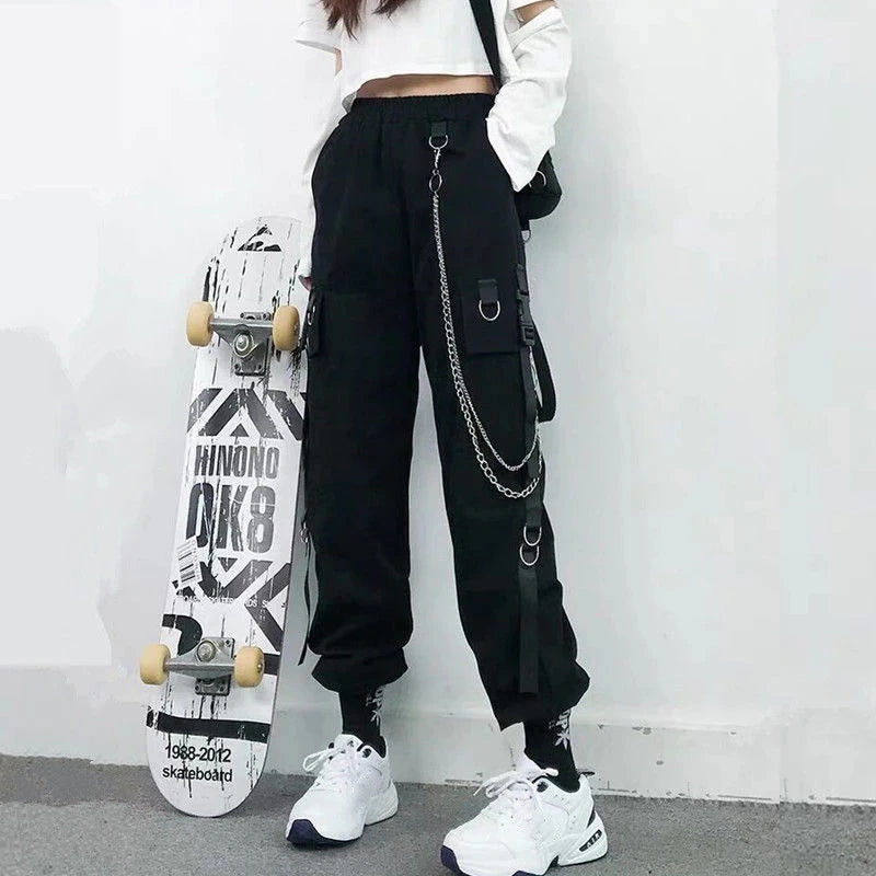 Women Cargo Pants  Harem Pants Fashion Punk Pockets Jogger Trousers With Chain Harajuku Elastics High Waist Streetwear