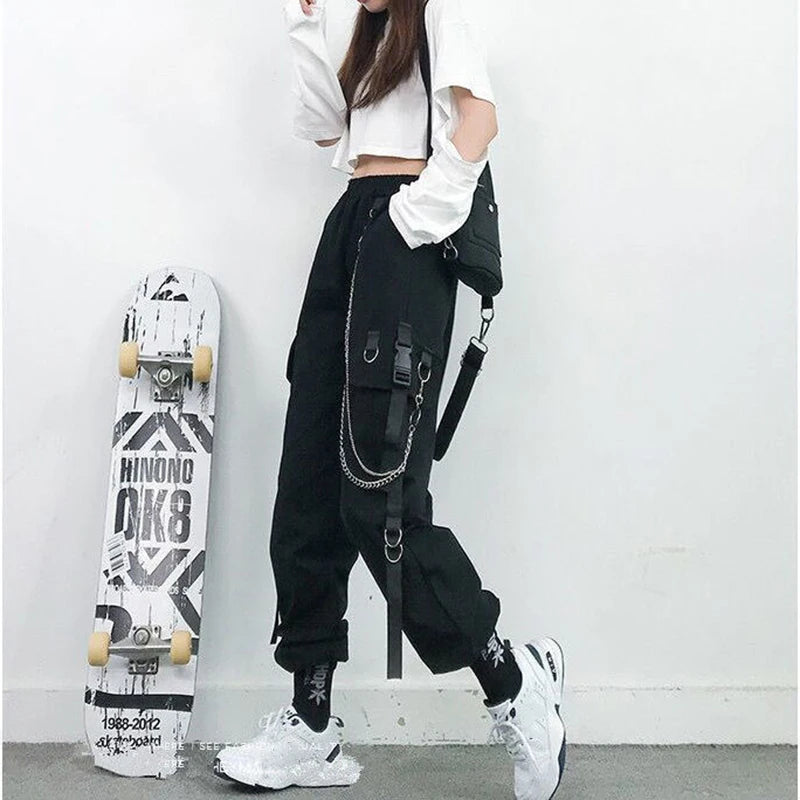 Women Cargo Pants  Harem Pants Fashion Punk Pockets Jogger Trousers With Chain Harajuku Elastics High Waist Streetwear