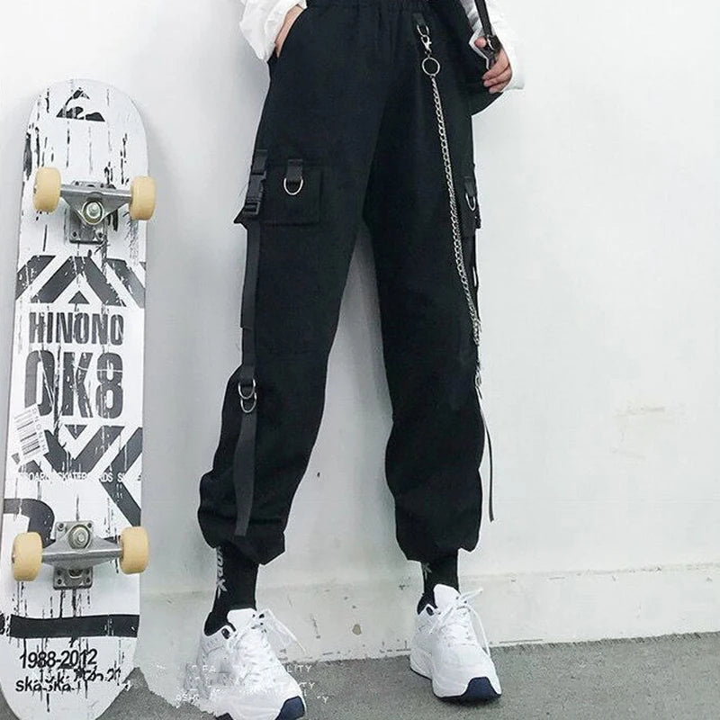 Women Cargo Pants  Harem Pants Fashion Punk Pockets Jogger Trousers With Chain Harajuku Elastics High Waist Streetwear