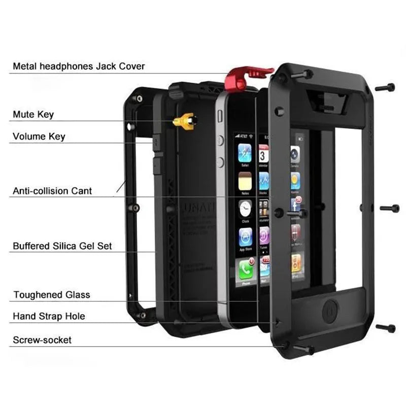 Luxury Shockproof Doom Armor Waterproof Metal Phone Cases For iPhone X XR XS Max 8 7 6 6s Plus 5 5s 5C SE Case Screen Glass Film