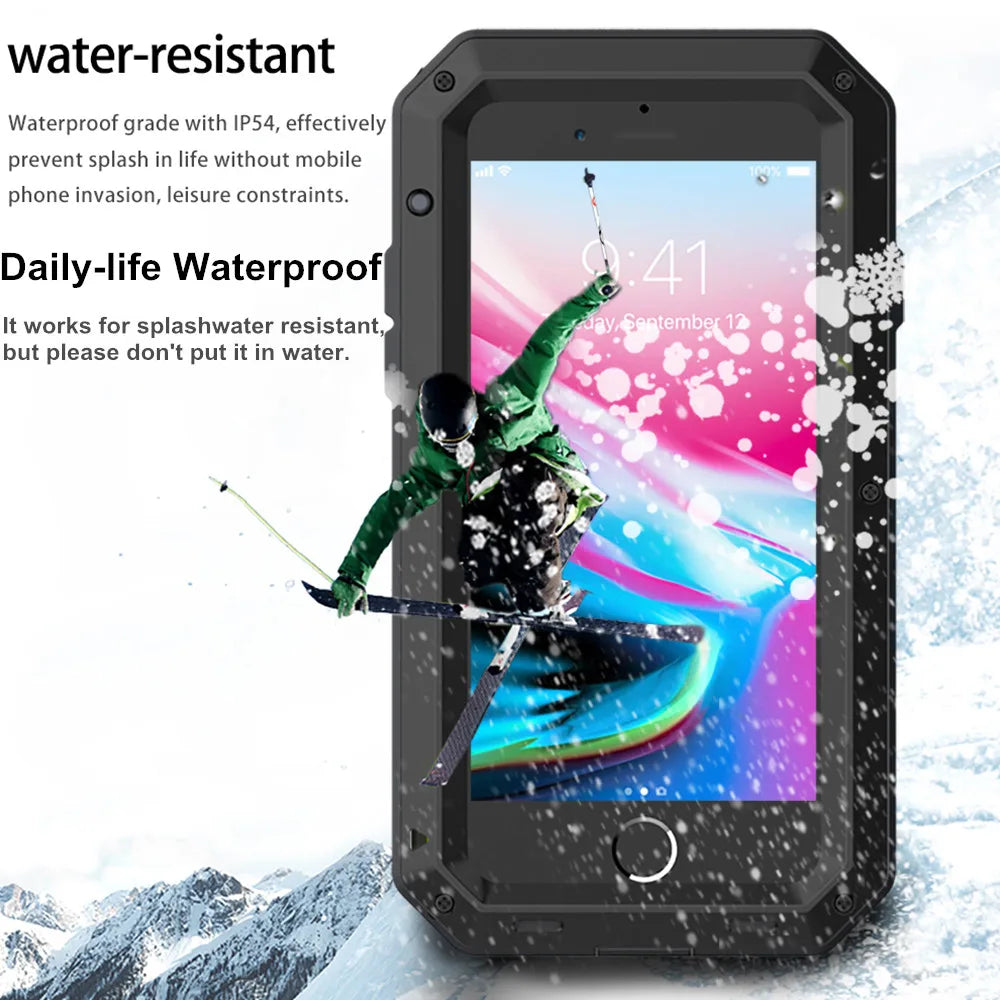 Luxury Shockproof Doom Armor Waterproof Metal Phone Cases For iPhone X XR XS Max 8 7 6 6s Plus 5 5s 5C SE Case Screen Glass Film