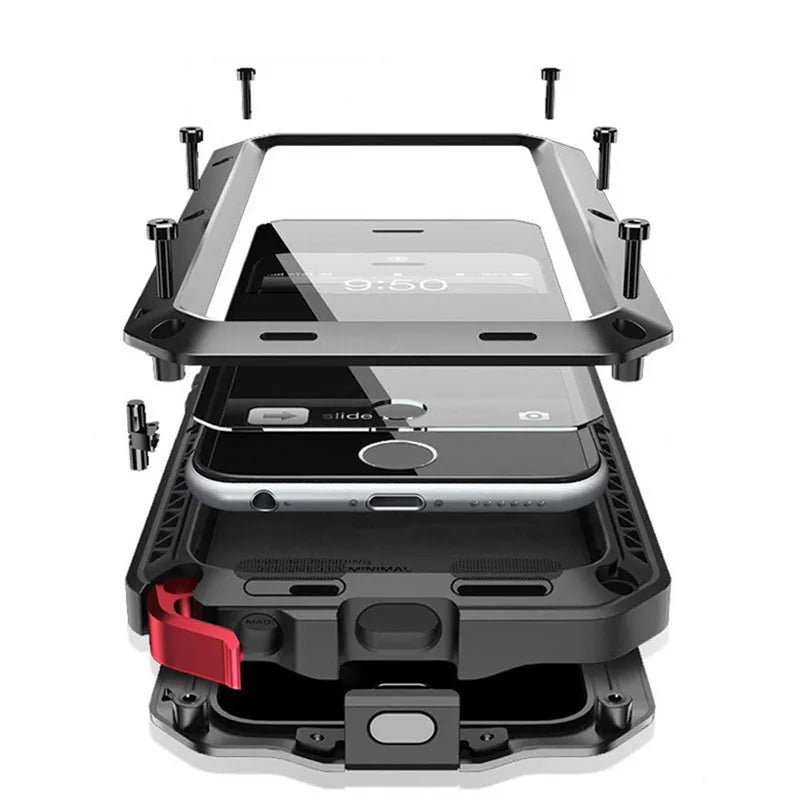 Luxury Shockproof Doom Armor Waterproof Metal Phone Cases For iPhone X XR XS Max 8 7 6 6s Plus 5 5s 5C SE Case Screen Glass Film