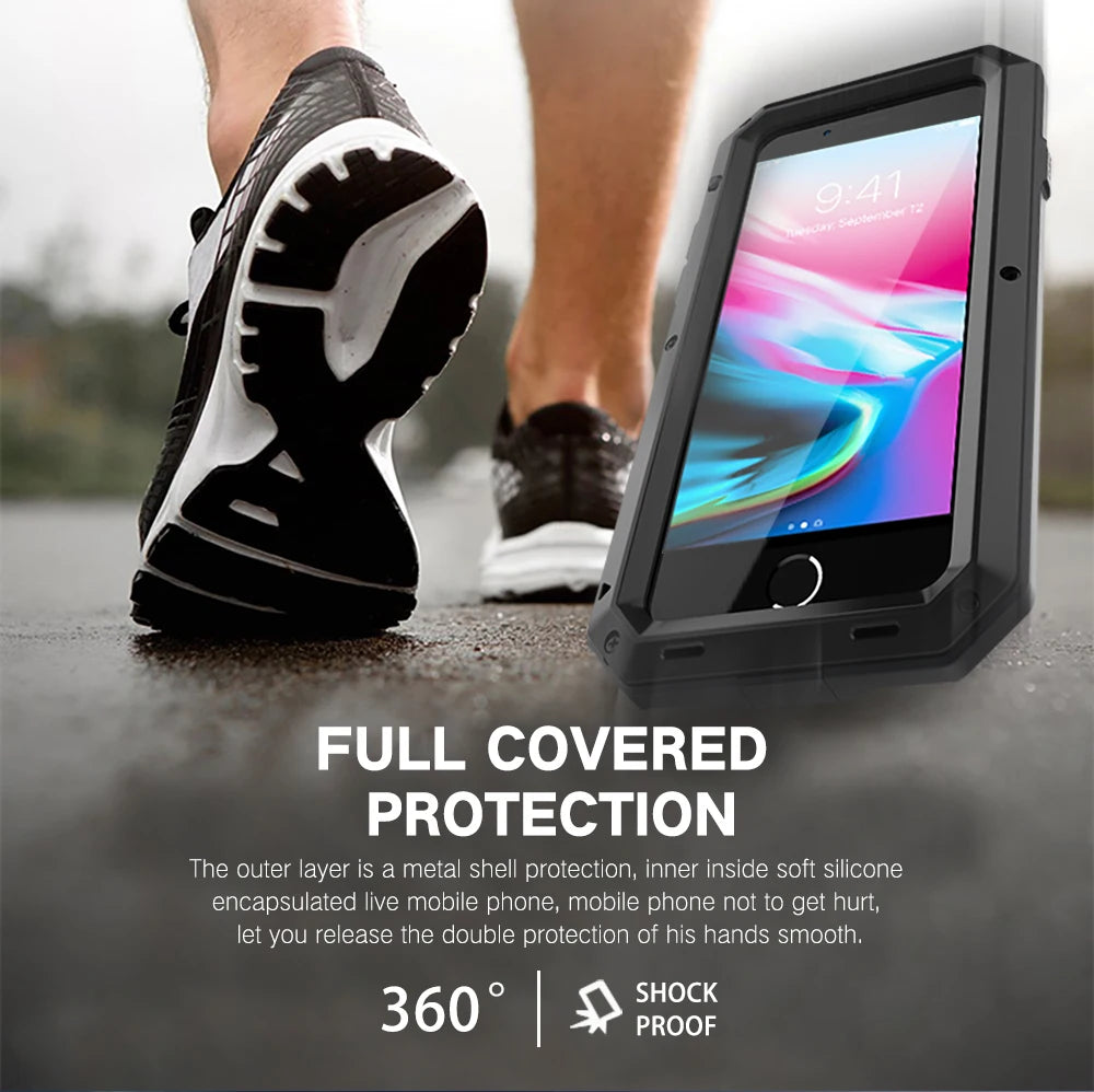 Luxury Shockproof Doom Armor Waterproof Metal Phone Cases For iPhone X XR XS Max 8 7 6 6s Plus 5 5s 5C SE Case Screen Glass Film