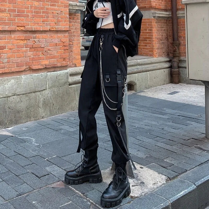 Women Cargo Pants  Harem Pants Fashion Punk Pockets Jogger Trousers With Chain Harajuku Elastics High Waist Streetwear