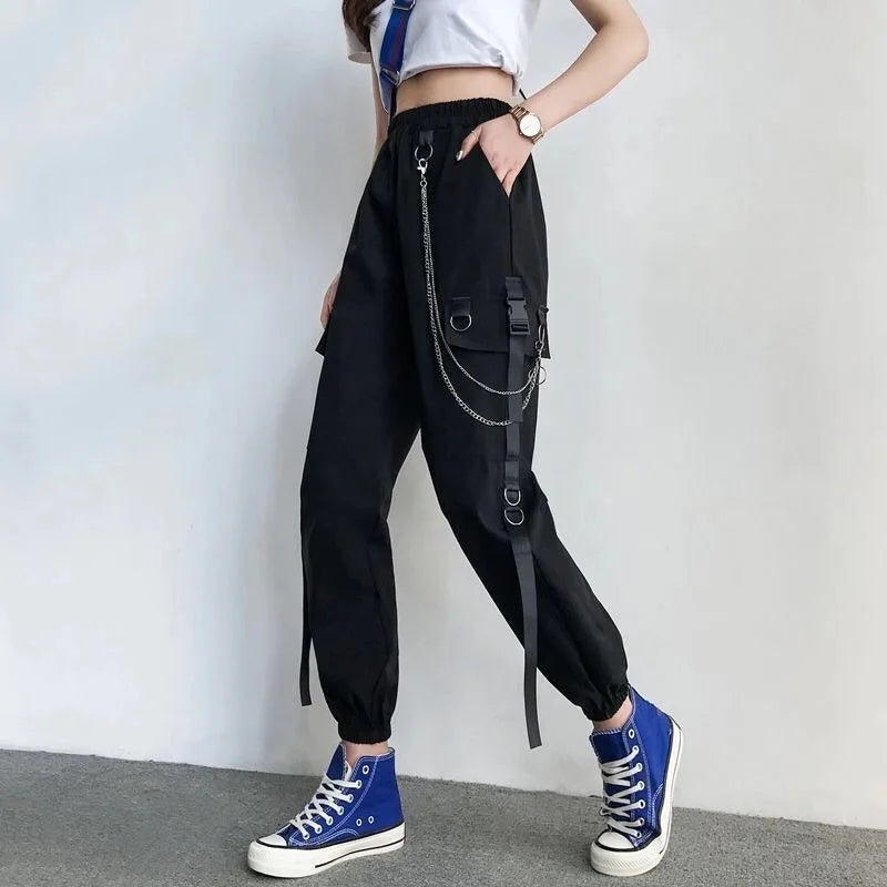 Women Cargo Pants  Harem Pants Fashion Punk Pockets Jogger Trousers With Chain Harajuku Elastics High Waist Streetwear