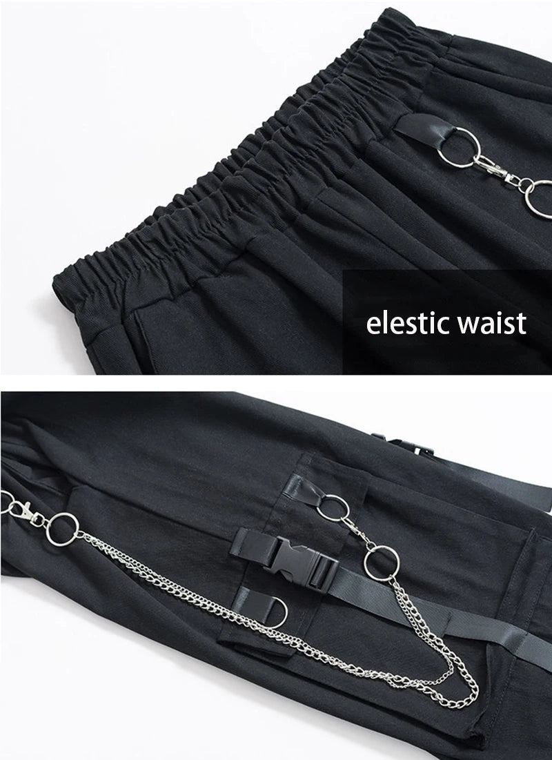 Women Cargo Pants  Harem Pants Fashion Punk Pockets Jogger Trousers With Chain Harajuku Elastics High Waist Streetwear