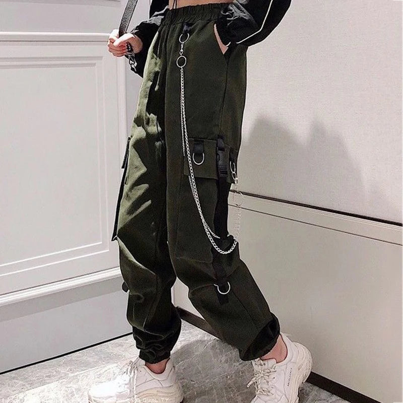 Women Cargo Pants  Harem Pants Fashion Punk Pockets Jogger Trousers With Chain Harajuku Elastics High Waist Streetwear