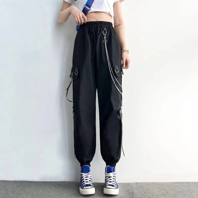 Women Cargo Pants  Harem Pants Fashion Punk Pockets Jogger Trousers With Chain Harajuku Elastics High Waist Streetwear