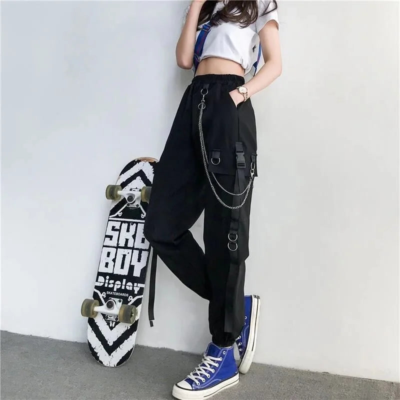 Women Cargo Pants  Harem Pants Fashion Punk Pockets Jogger Trousers With Chain Harajuku Elastics High Waist Streetwear