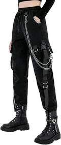 Black Cargo Pants for Women Techwear Female Goth Joggers with Chain Casual Trousers Hip Hop Sweaatpants Loose Street Rock Style