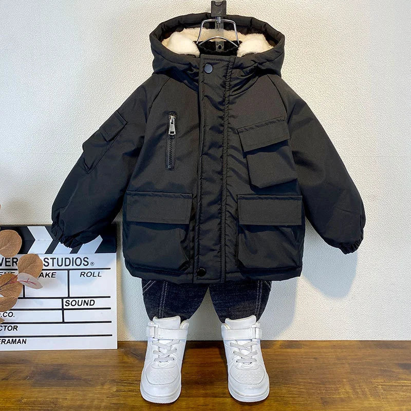 2025 Winter Boys Jacket Children Clothing Keep Warm Cotton Thicken Coats Kids Zipper Hooded Outerwear Plus Velvet Jackets