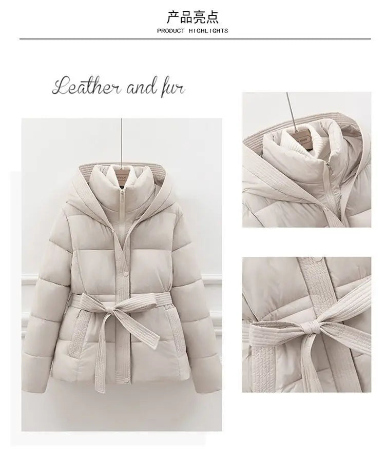 2026 New Winter Jacket Women Warm Parkas Long Sleeve Tops Casual Cotton Padded Jackets Belt Black Brown Hooded Outwear Female