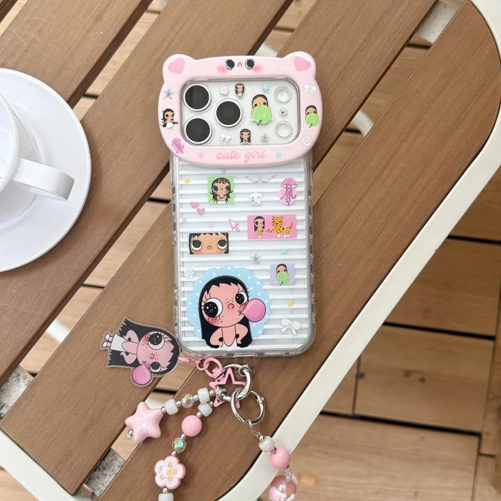 3D Cartoon Little  Girl Cute  Phone Case for iPhone 16 Pro 17 Pro Max 14 15 16 17 Cases With Chain Shockproof Cover