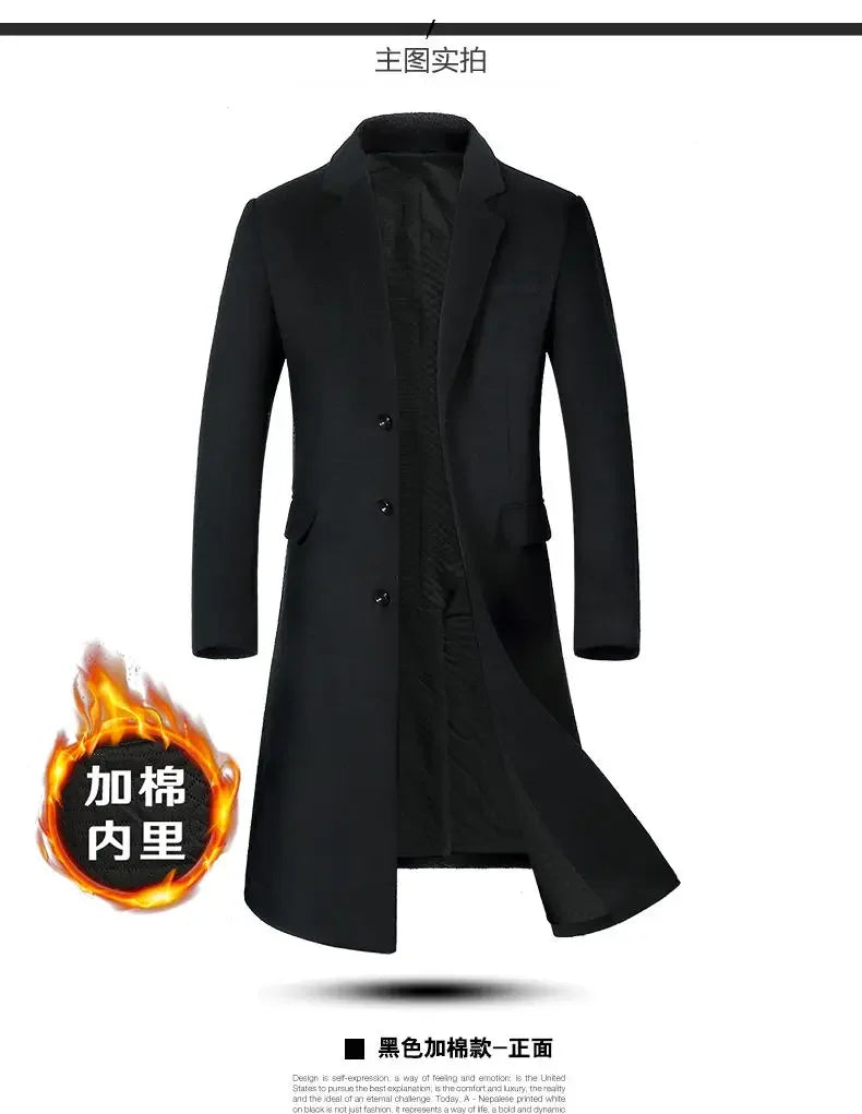 Winter Jacket Men Fashion Business Slim-fit British Style Solid Color Outdoor Cold Casual Trend Thickened Tweed Coat