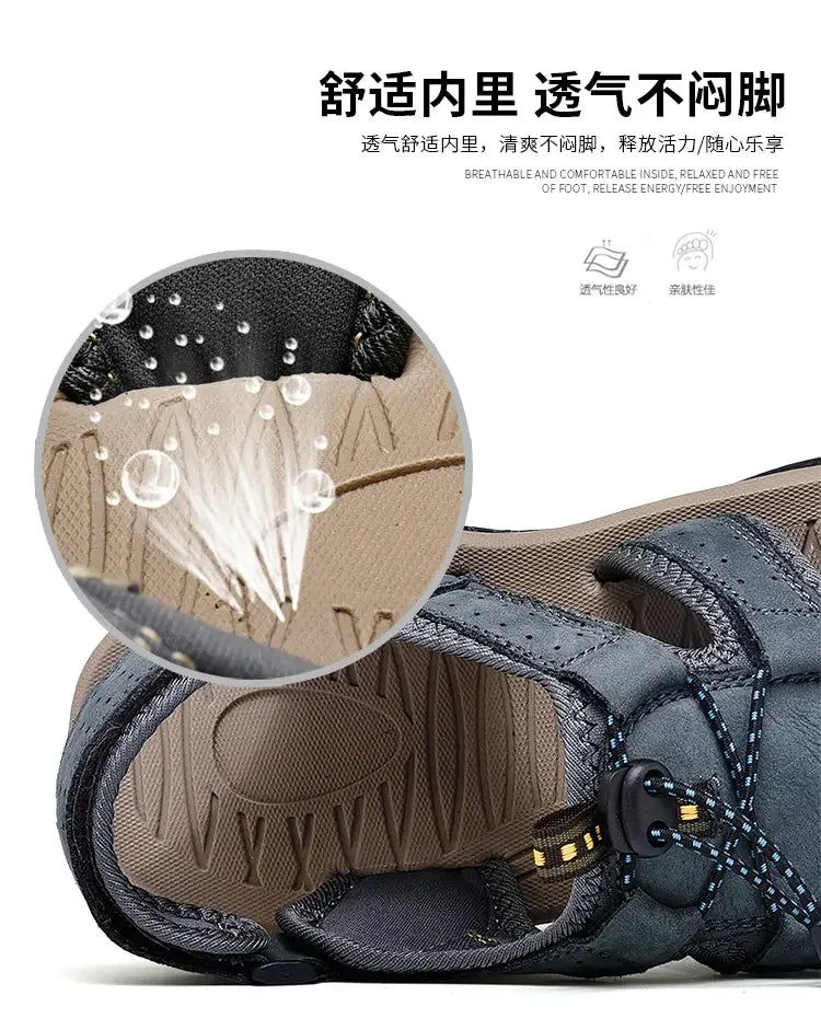 Summer Sandals Men's Baotou Beach Shoes Soft Soled Leather Anti Slip Outdoor Hollow Breathable Daily Casual Men's Shoes Slippers