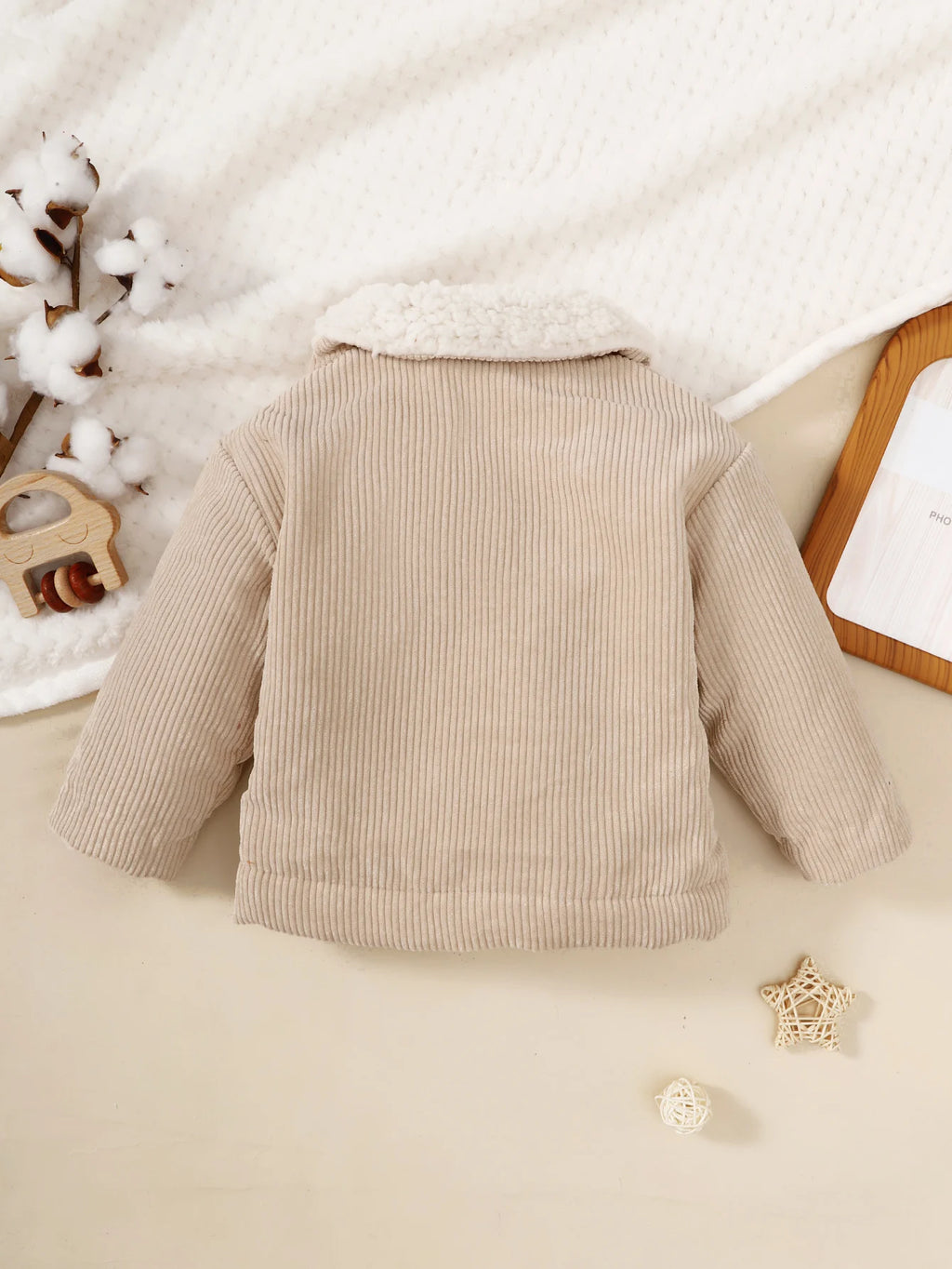 Girls' Winter Jacket - Beige/ Button-Front Coat with Plush Collar, Non-Stretchy Corduroy-like Texture, Easy Button Closure for