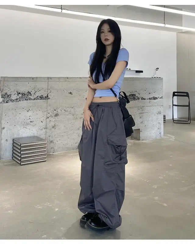 2025 Cargo Pants Women Retro Workwear Casual Baggy Straight Trousers Fashion Wide Leg Pockets Joggers Trousers Y2k Streetwear