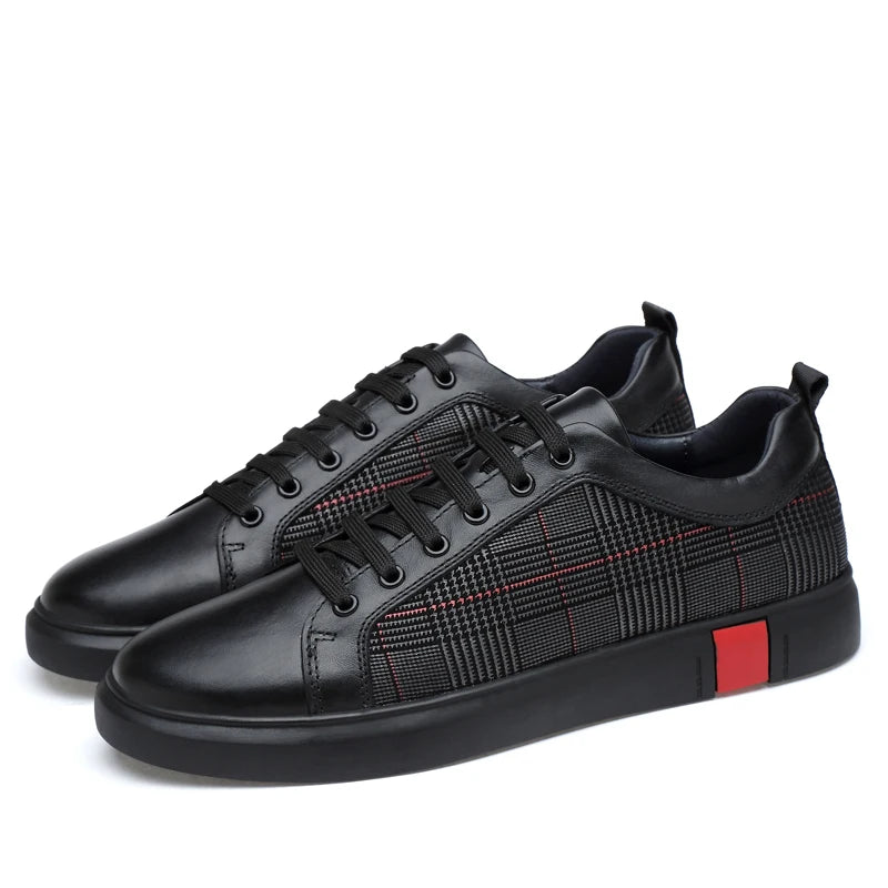 New Arrival Men Black Leather Plaid Panel Sneakers Luxury Style Lace Up Casual Shoes Non Slip Platform Walking Footwear