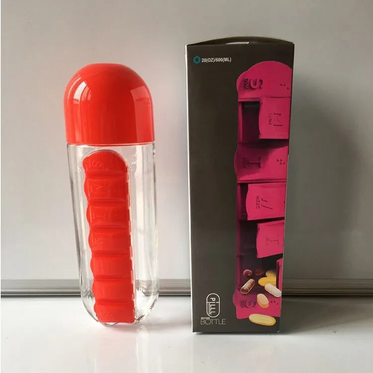 Portable Water Bottle with Built-in Pill Box for Medicines, Vitamins, Perfect for Outdoor, Gym, Fitness, Camping and Traveling