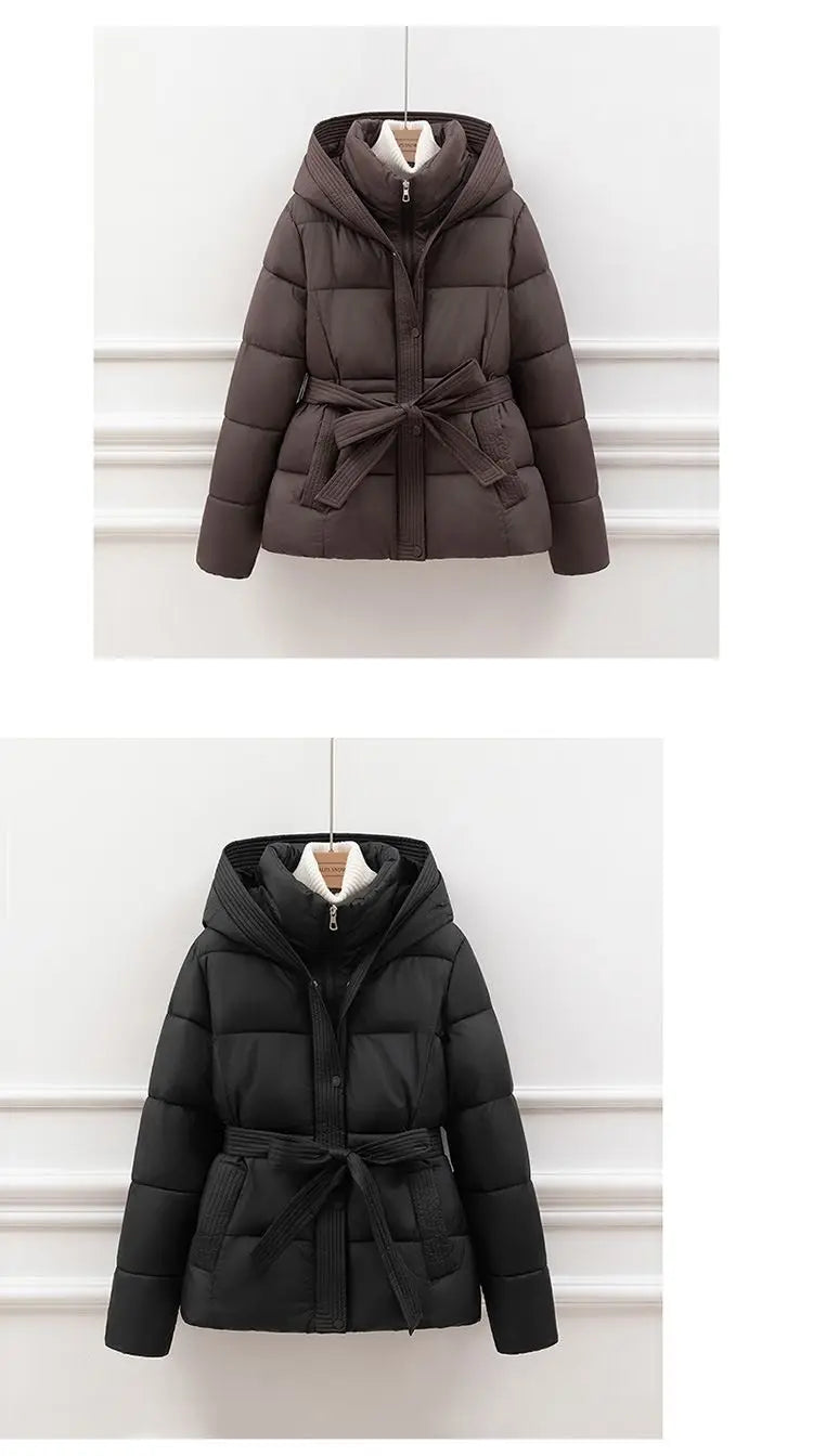2026 New Winter Jacket Women Warm Parkas Long Sleeve Tops Casual Cotton Padded Jackets Belt Black Brown Hooded Outwear Female