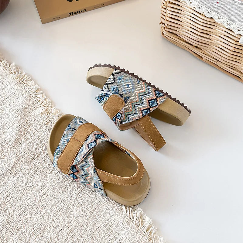 Summer Children Causal Sandals New Boho Toddler Beach Slippers for Girls Outdoor Daily Wear Non-slip Kids Retro Open-toe Sandals