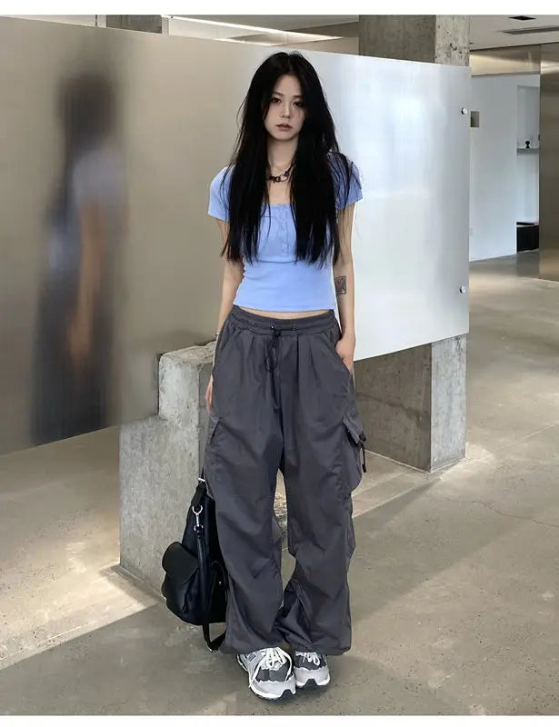 2025 Cargo Pants Women Retro Workwear Casual Baggy Straight Trousers Fashion Wide Leg Pockets Joggers Trousers Y2k Streetwear