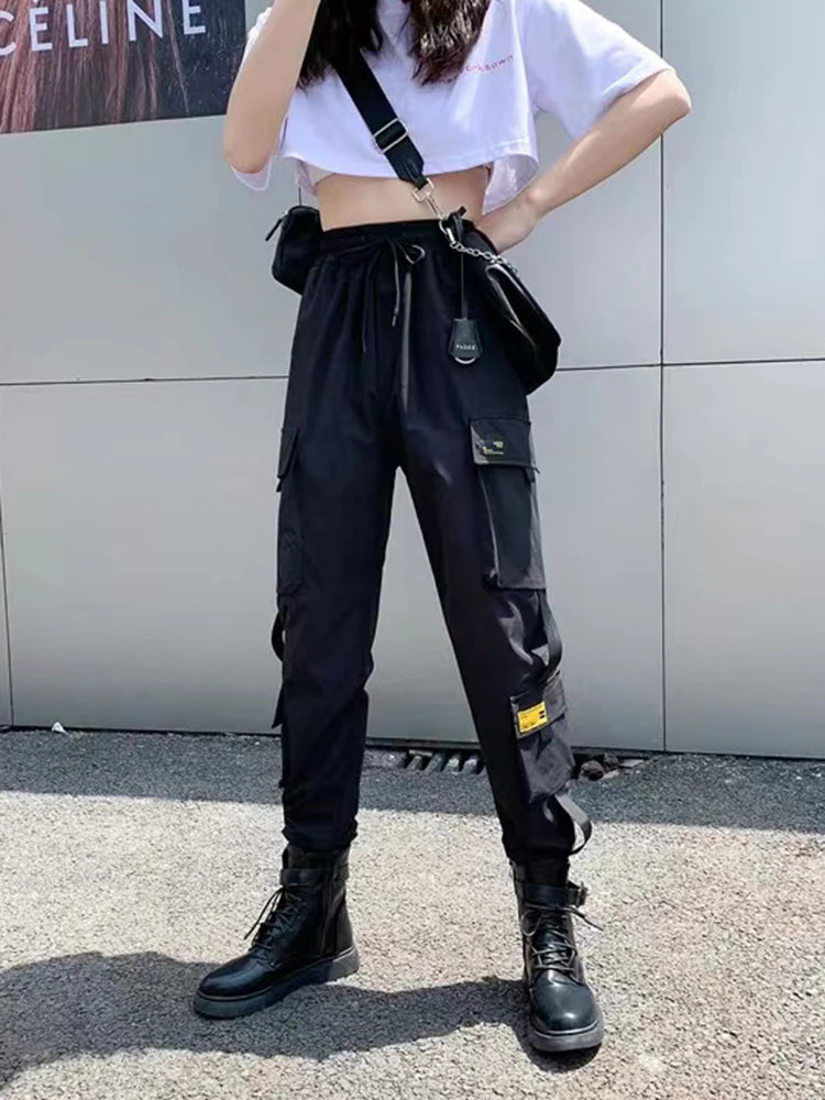 Women Cargo Pants  Harem Pants Fashion Punk Pockets Jogger Trousers With Chain Harajuku Elastics High Waist Streetwear