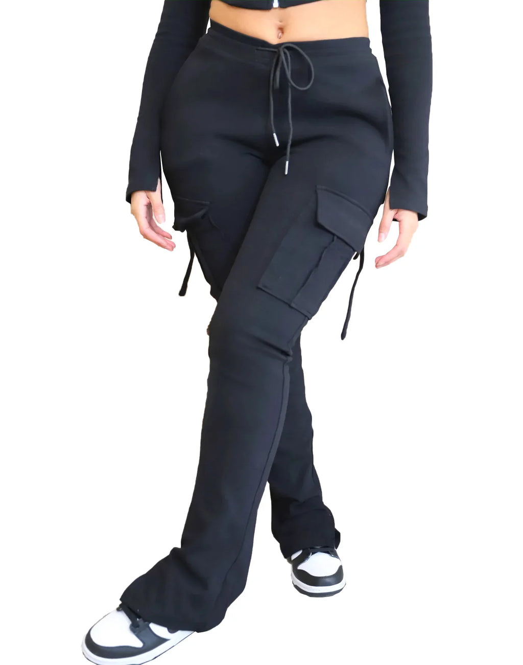 Cargo Pant Women Long Pants Sexy Slim Fit Casual Drawstring Splice Button Pocket Straight Trousers Lace Up High Elastic Waist