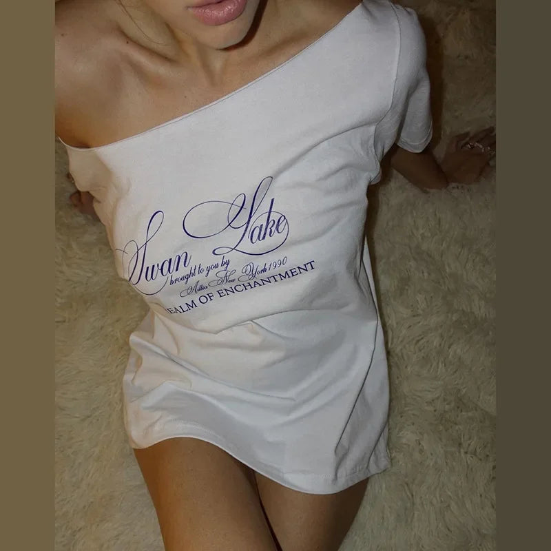 Oversized T Shirts For Women Streetwear Inclined Collar Y2k Top Letters Printing Camisetas Short Sleeve Ropa Mujer Summer Outfit