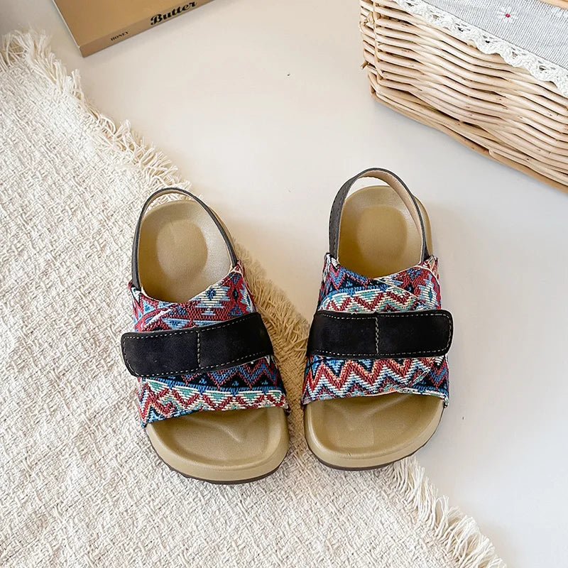 Summer Children Causal Sandals New Boho Toddler Beach Slippers for Girls Outdoor Daily Wear Non-slip Kids Retro Open-toe Sandals