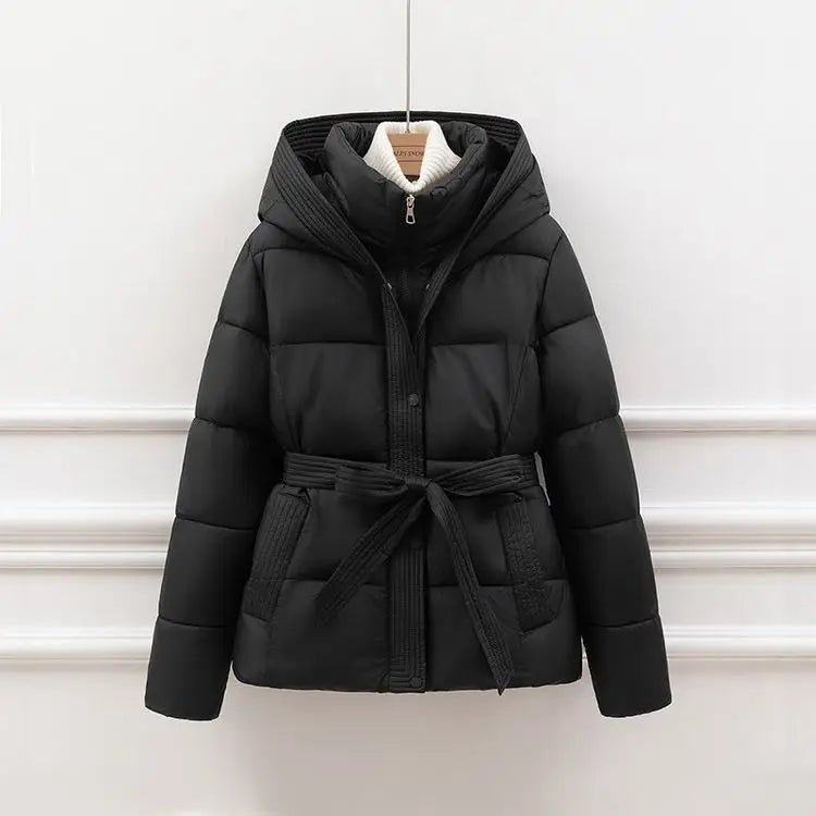 2026 New Winter Jacket Women Warm Parkas Long Sleeve Tops Casual Cotton Padded Jackets Belt Black Brown Hooded Outwear Female