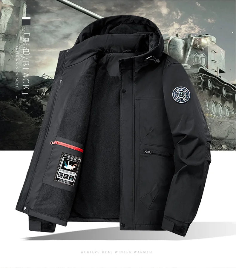 Winter Jacket Men Outwear Fleece Liner Warm Hooded Men multi-pocket Cargo Jacket Men Windproof Casual Hiking Coat Male Clothing