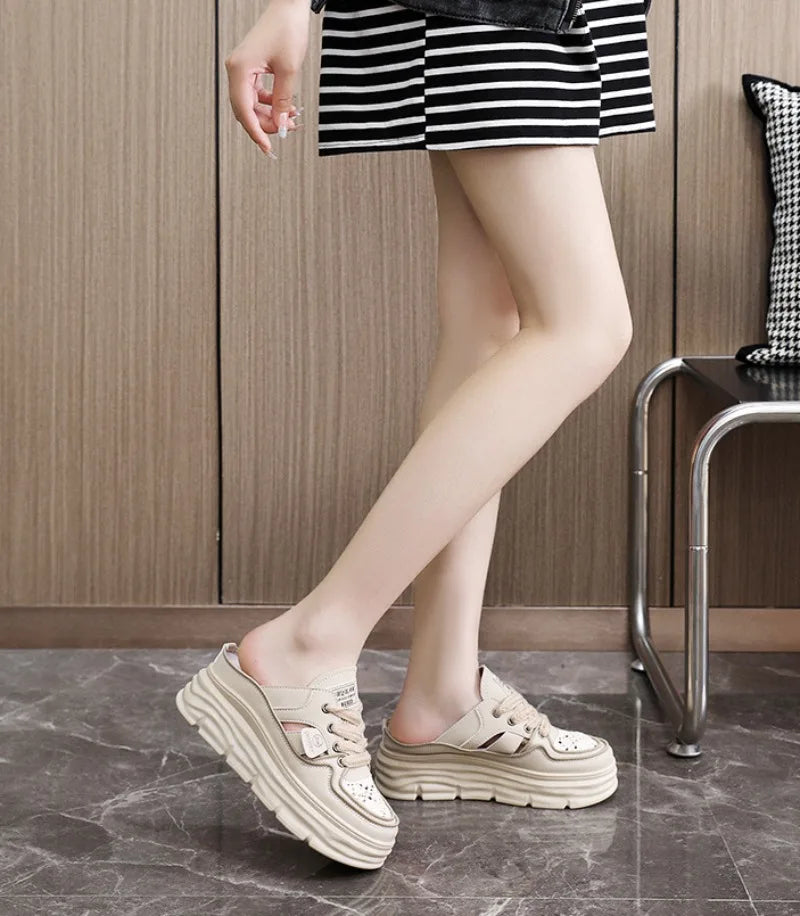 Summer New Women's Sandals Fashion Breathable Increase Baotou Semi-slippers Women Small White Shoe Sexy Dress Sandals Zapatillas