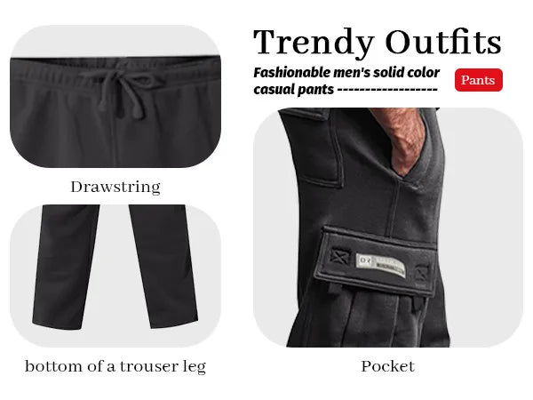 Men'S Cargo Pants Rope Loosening Waist Solid Color Pocket Trousers Comfortable Loose Sports Trousers Casual Wide Leg Pants
