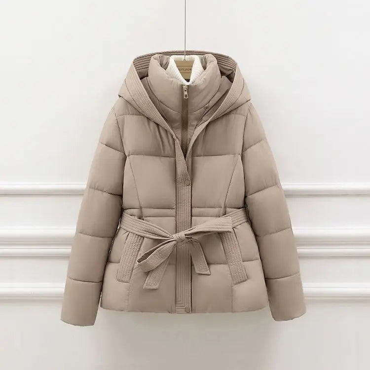 2026 New Winter Jacket Women Warm Parkas Long Sleeve Tops Casual Cotton Padded Jackets Belt Black Brown Hooded Outwear Female