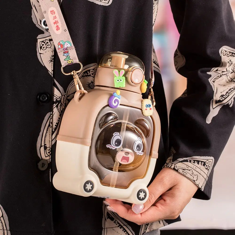 1L Water Bottle for Girls Cute Bear Plastic Cup Cartoon Travel Straw Mug Summer Sport Drink Kettle Portable Kawaii Kids Tumbler