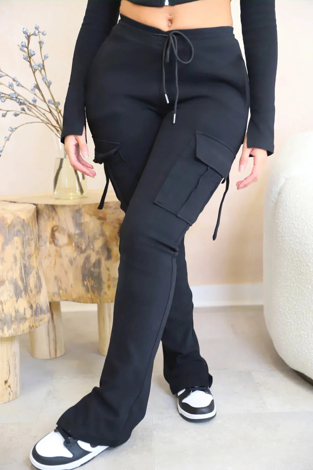 Cargo Pant Women Long Pants Sexy Slim Fit Casual Drawstring Splice Button Pocket Straight Trousers Lace Up High Elastic Waist