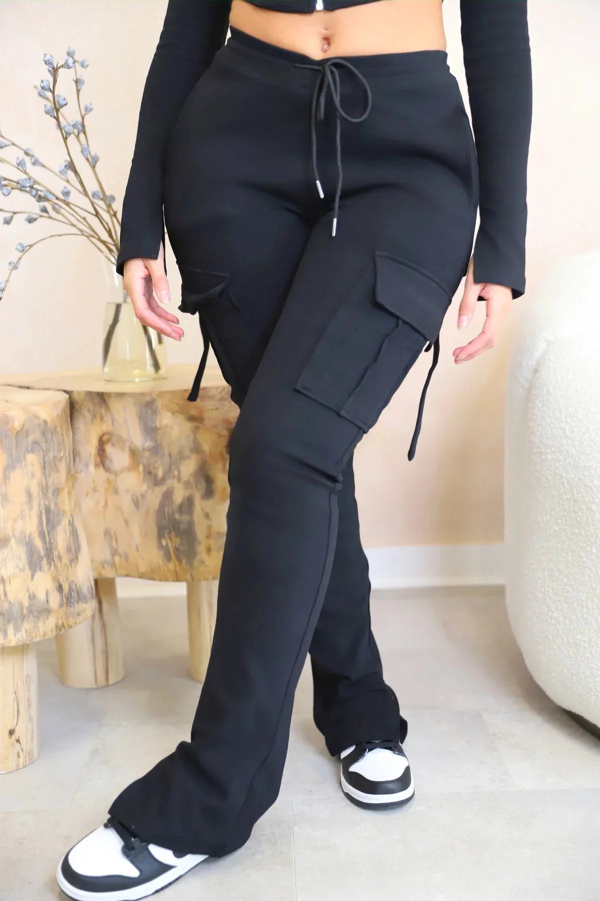 Cargo Pant Women Long Pants Sexy Slim Fit Casual Drawstring Splice Button Pocket Straight Trousers Lace Up High Elastic Waist
