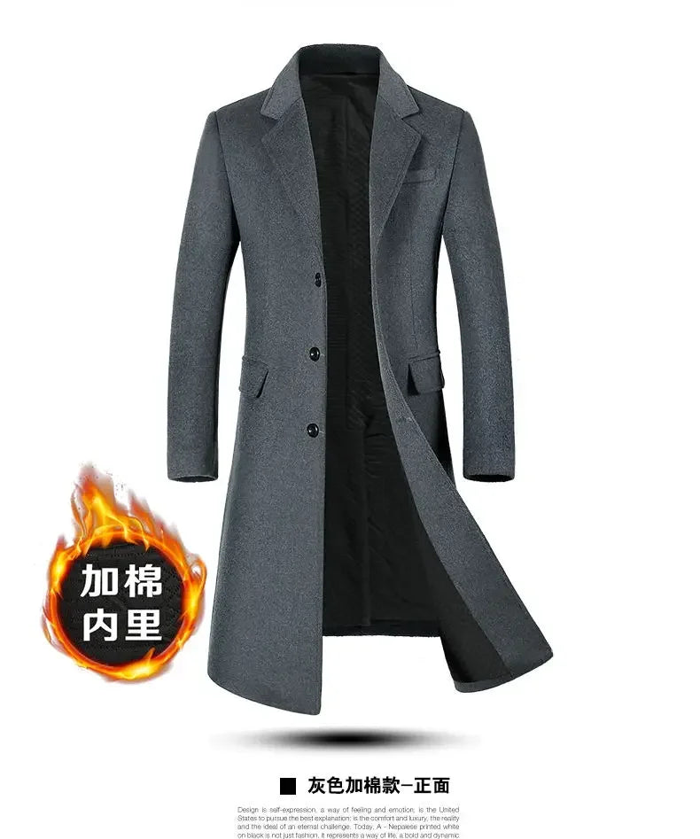 Winter Jacket Men Fashion Business Slim-fit British Style Solid Color Outdoor Cold Casual Trend Thickened Tweed Coat