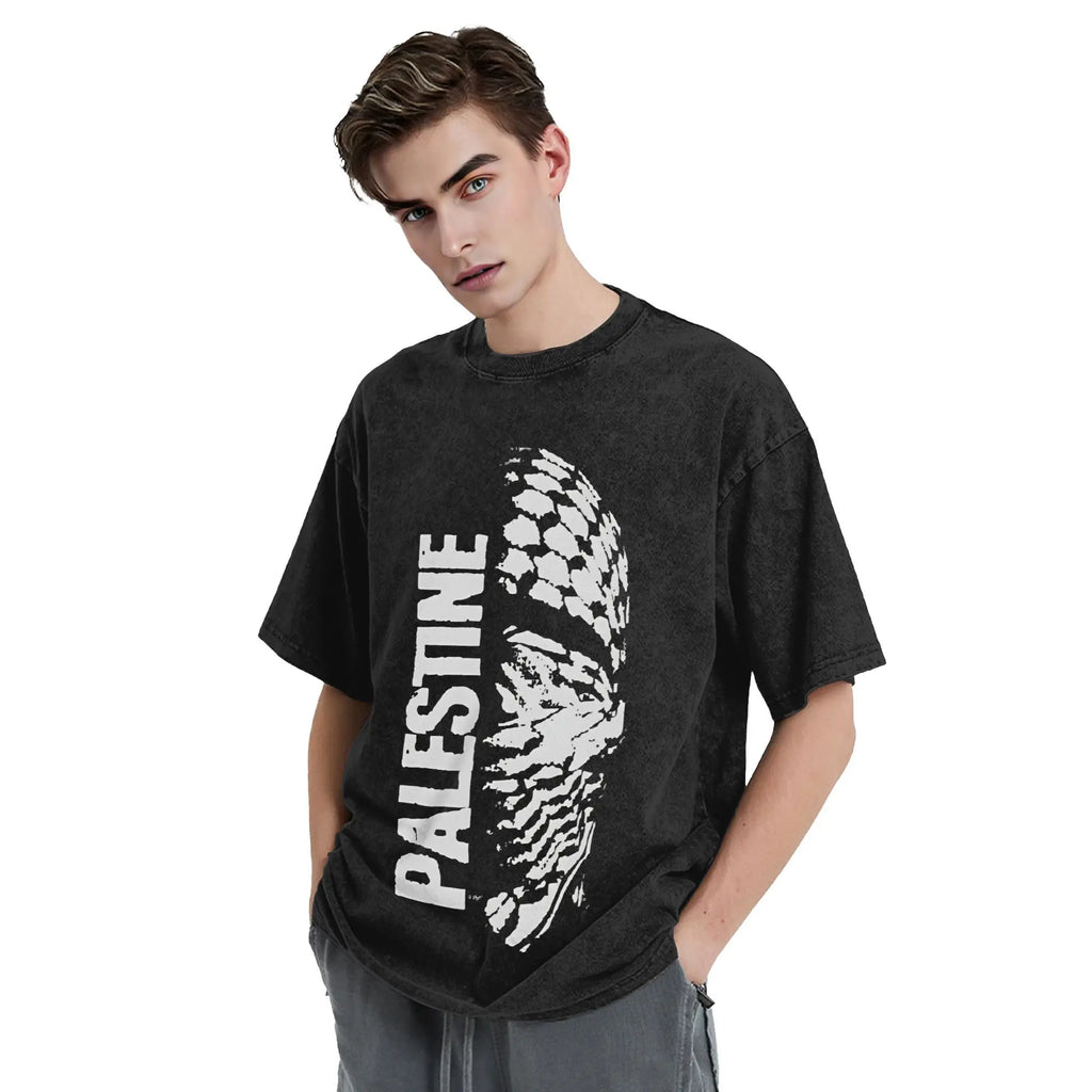 Oversized Washed T-Shirt Palestine Map  Cotton T Shirts  Novelty Tee Shirt for Men Summer Y2K Fun Print Clothing