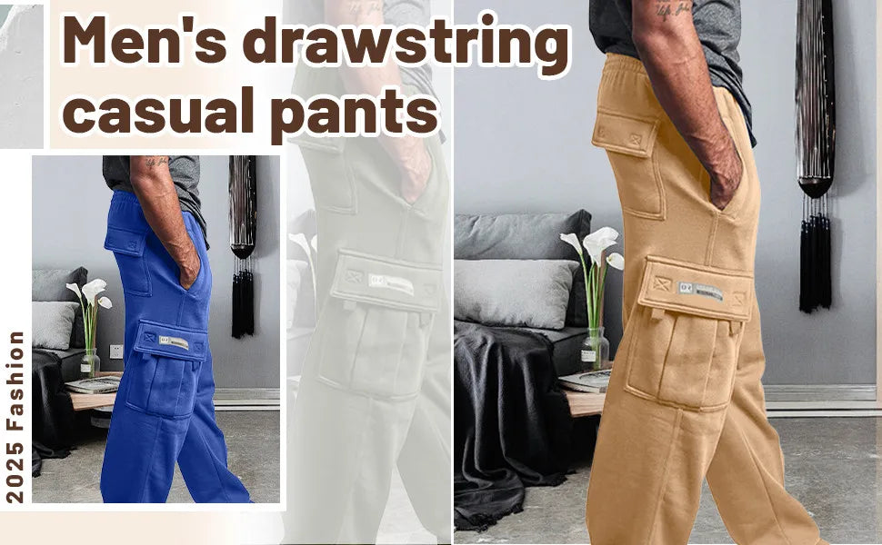 Men'S Cargo Pants Rope Loosening Waist Solid Color Pocket Trousers Comfortable Loose Sports Trousers Casual Wide Leg Pants