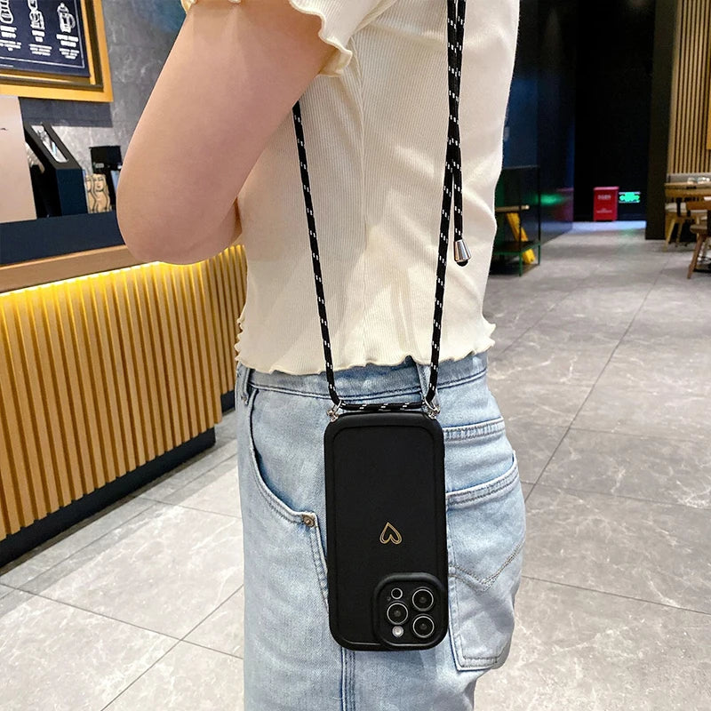 With Lanyard Love Phone Cases for IPhone 17 16 15 14 13 12 11 Pro Max Crossbody Silicone Back Cover