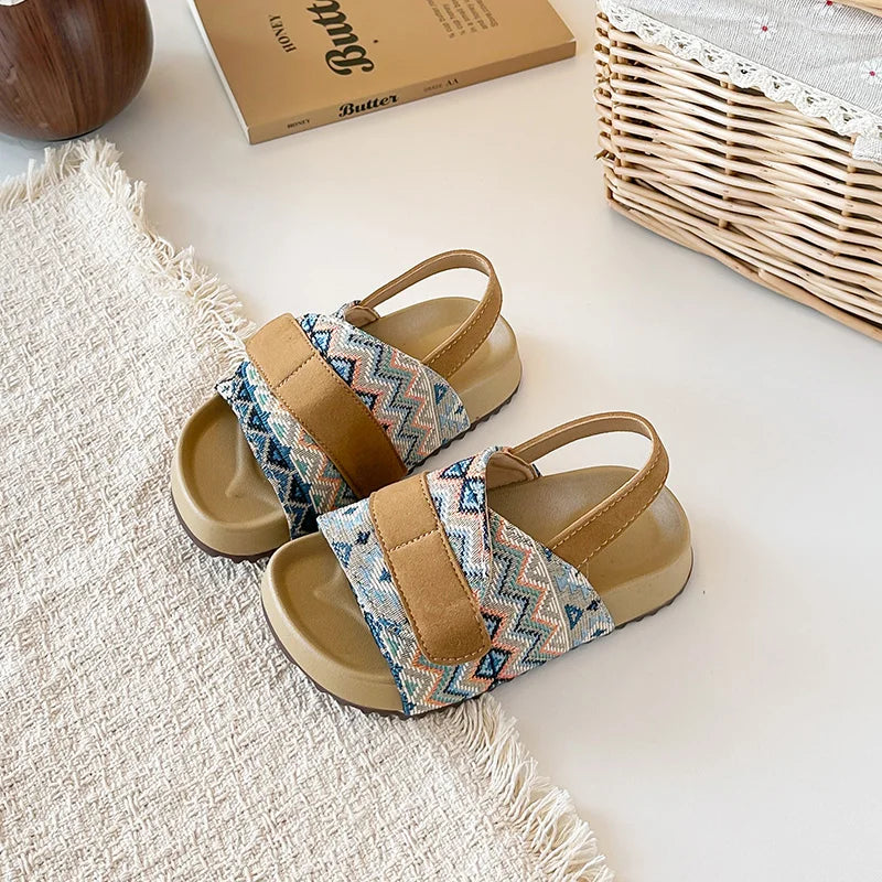 Summer Children Causal Sandals New Boho Toddler Beach Slippers for Girls Outdoor Daily Wear Non-slip Kids Retro Open-toe Sandals