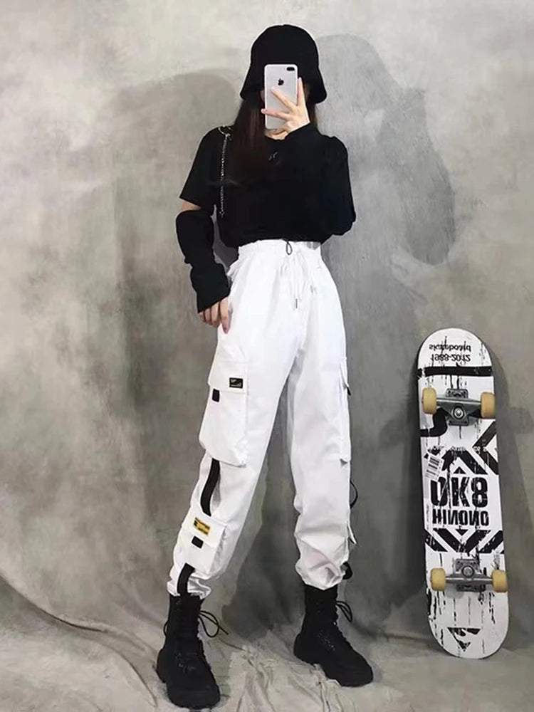 Women Cargo Pants  Harem Pants Fashion Punk Pockets Jogger Trousers With Chain Harajuku Elastics High Waist Streetwear